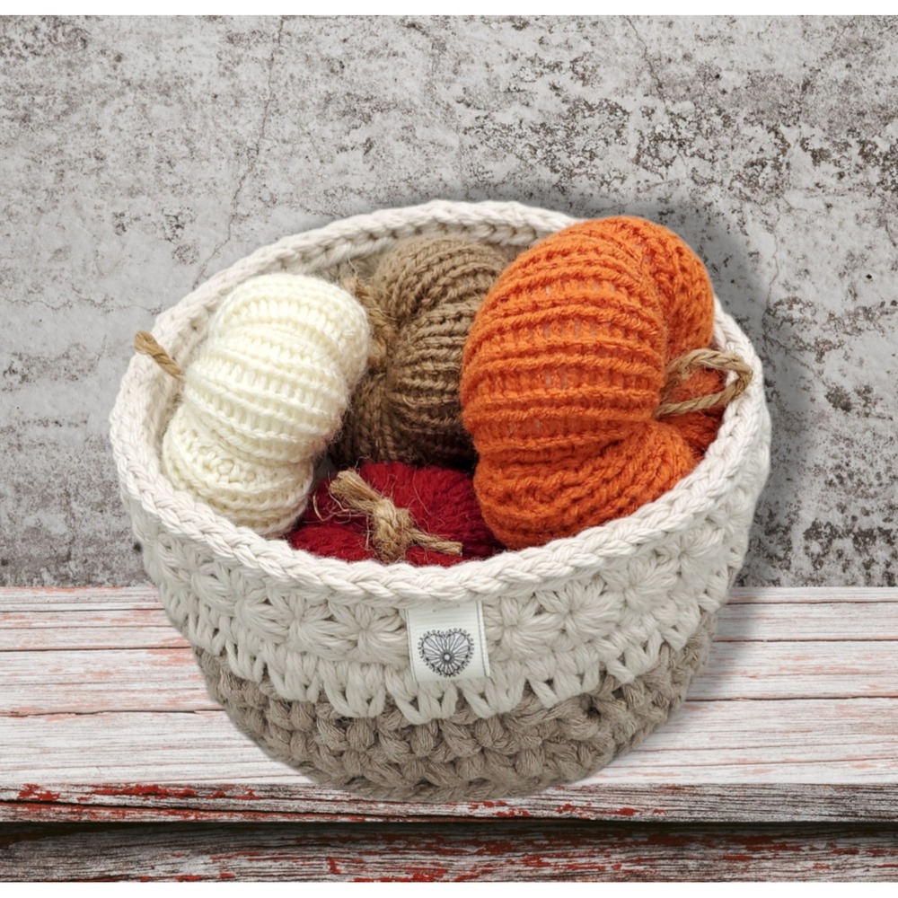 Crochet Basket with Mini Knit Pumpkins Fall‎ Decor Centerpiece Autumn
